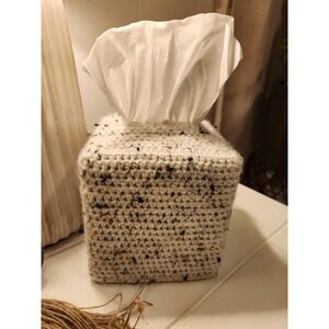 Handmade‎ Crochet Tissue Box Cover Cream Speckled Square Cozy Decorative